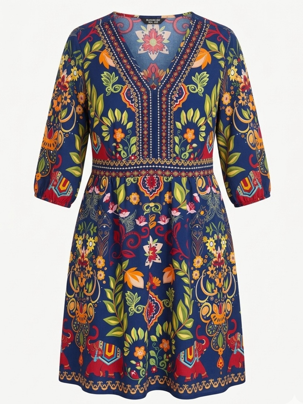 BloomChic Vibrant Floral Elephant Print Boho V-Neck Dress Women XL